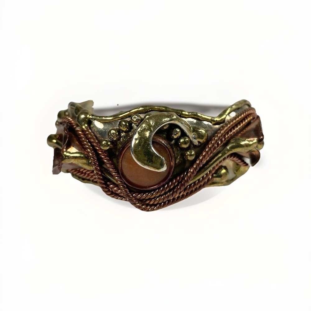 Vintage Handmade Mixed‎ Tri Metal Statement Cuff Bracelet Coral Color Stone